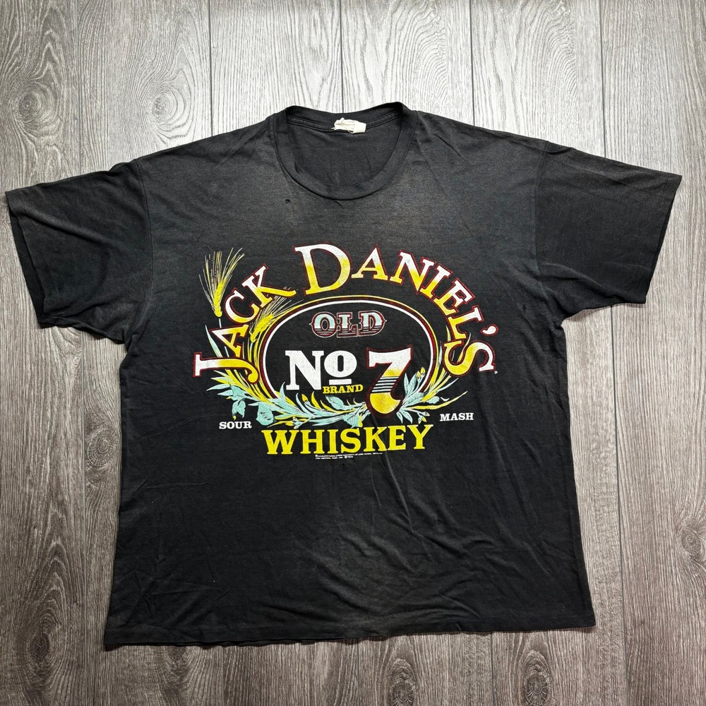 Vintage 1980 Jack Daniels Old No 7 Whiskey T-Shirt Black Distressed XL 80s Tee